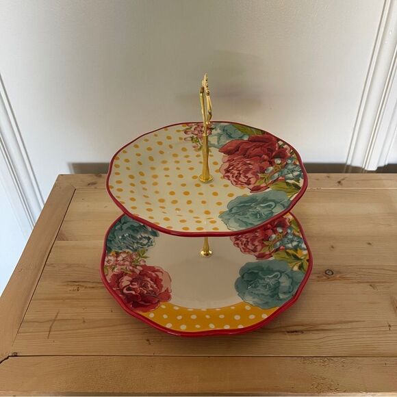 PIONEER WOMAN COLLECTION CUPCAKE DESSERT STAND 2-TIER Floral Blossom Jubilee - Picture 7 of 8